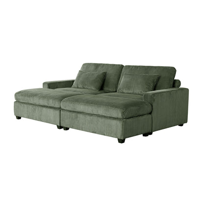 Green 90'' Corduroy Sleeper Sofa with Detachable Ottomans, Two Cushions, and Storage Space