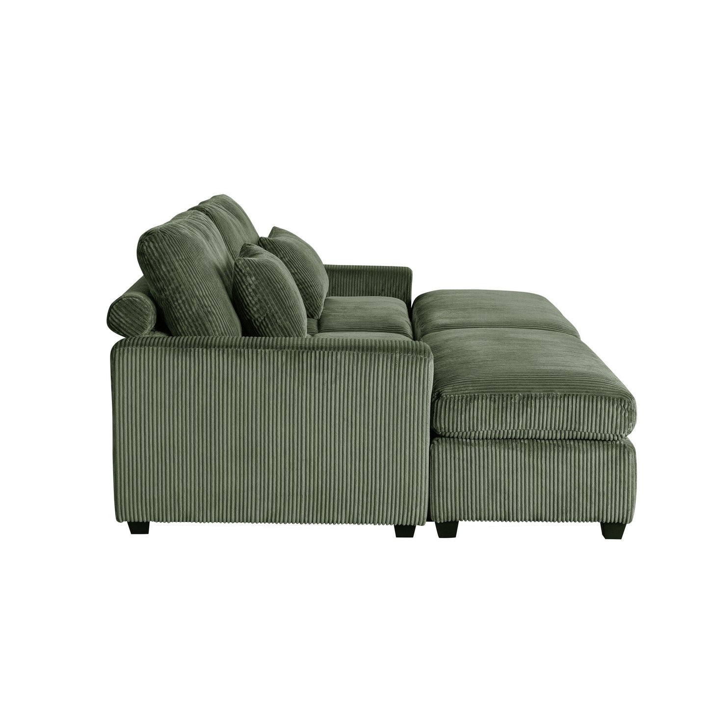 Green 90'' Corduroy Sleeper Sofa with Detachable Ottomans, Two Cushions, and Storage Space