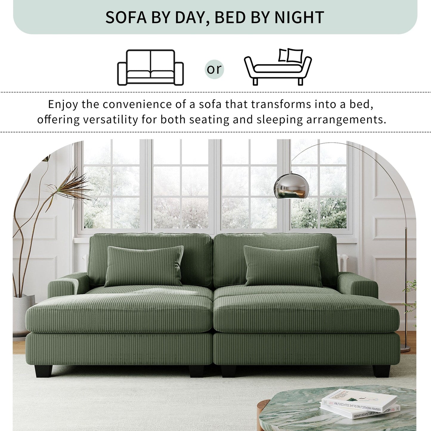 Green 90'' Corduroy Sleeper Sofa with Detachable Ottomans, Two Cushions, and Storage Space