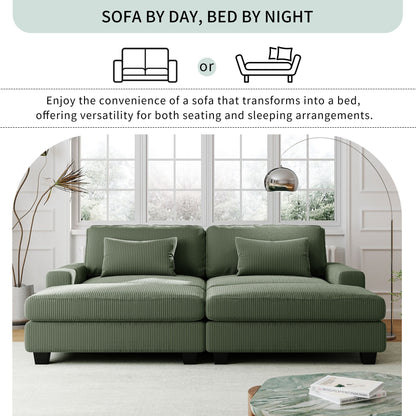 Green 90'' Corduroy Sleeper Sofa with Detachable Ottomans, Two Cushions, and Storage Space