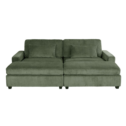 Green 90'' Corduroy Sleeper Sofa with Detachable Ottomans, Two Cushions, and Storage Space