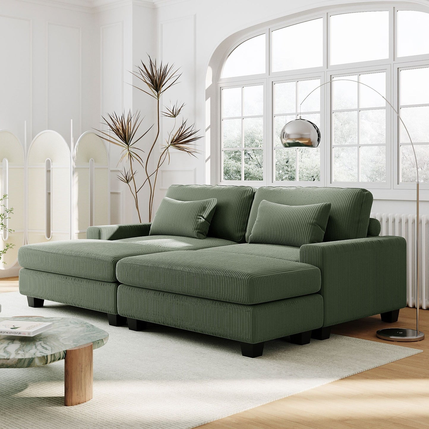 Green 90'' Corduroy Sleeper Sofa with Detachable Ottomans, Two Cushions, and Storage Space