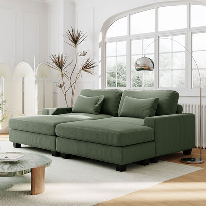 Green 90'' Corduroy Sleeper Sofa with Detachable Ottomans, Two Cushions, and Storage Space