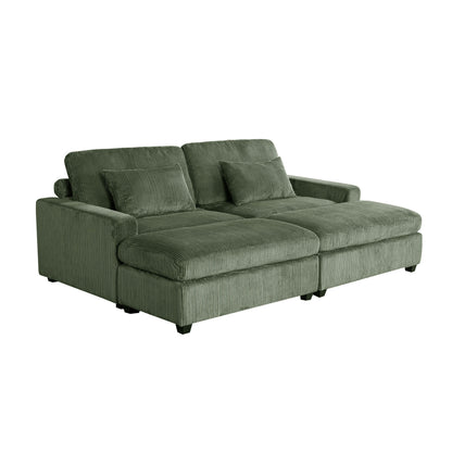 Green 90'' Corduroy Sleeper Sofa with Detachable Ottomans, Two Cushions, and Storage Space