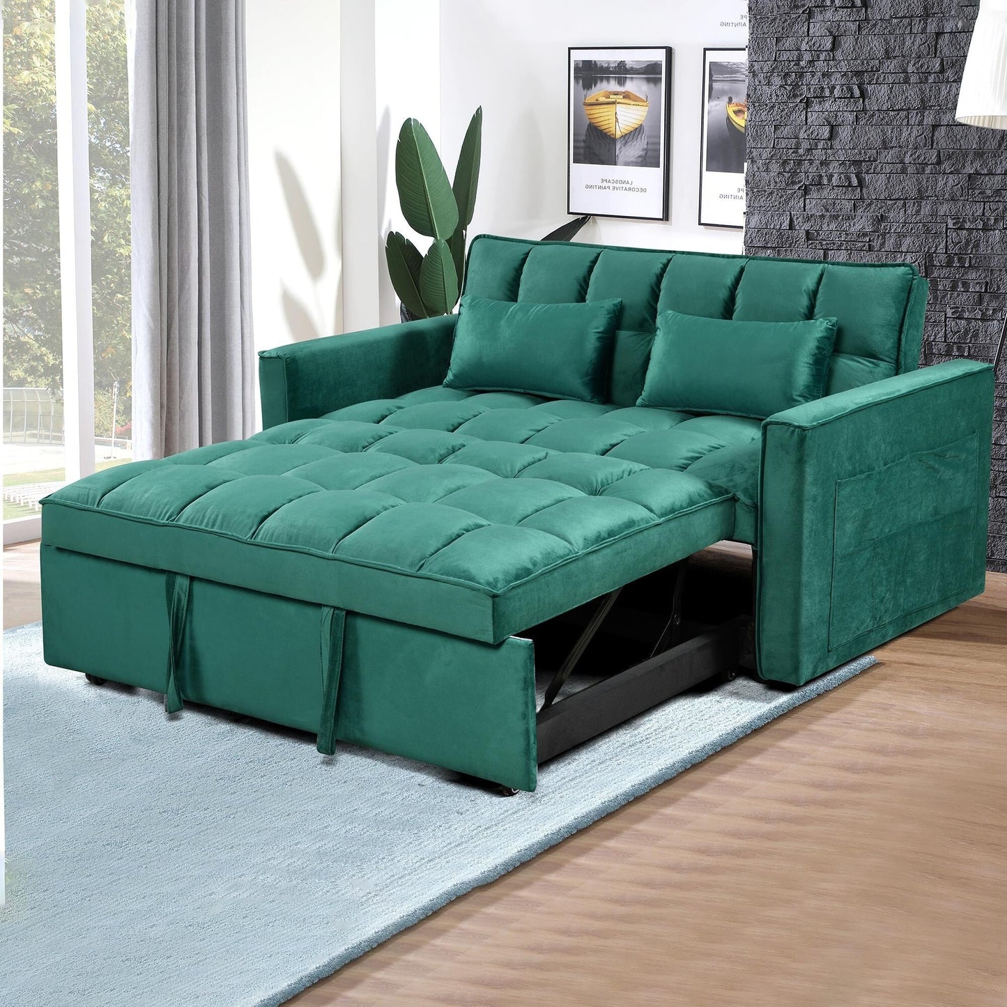 Green Flannel Convertible Loveseat Sofa Bed with Storage