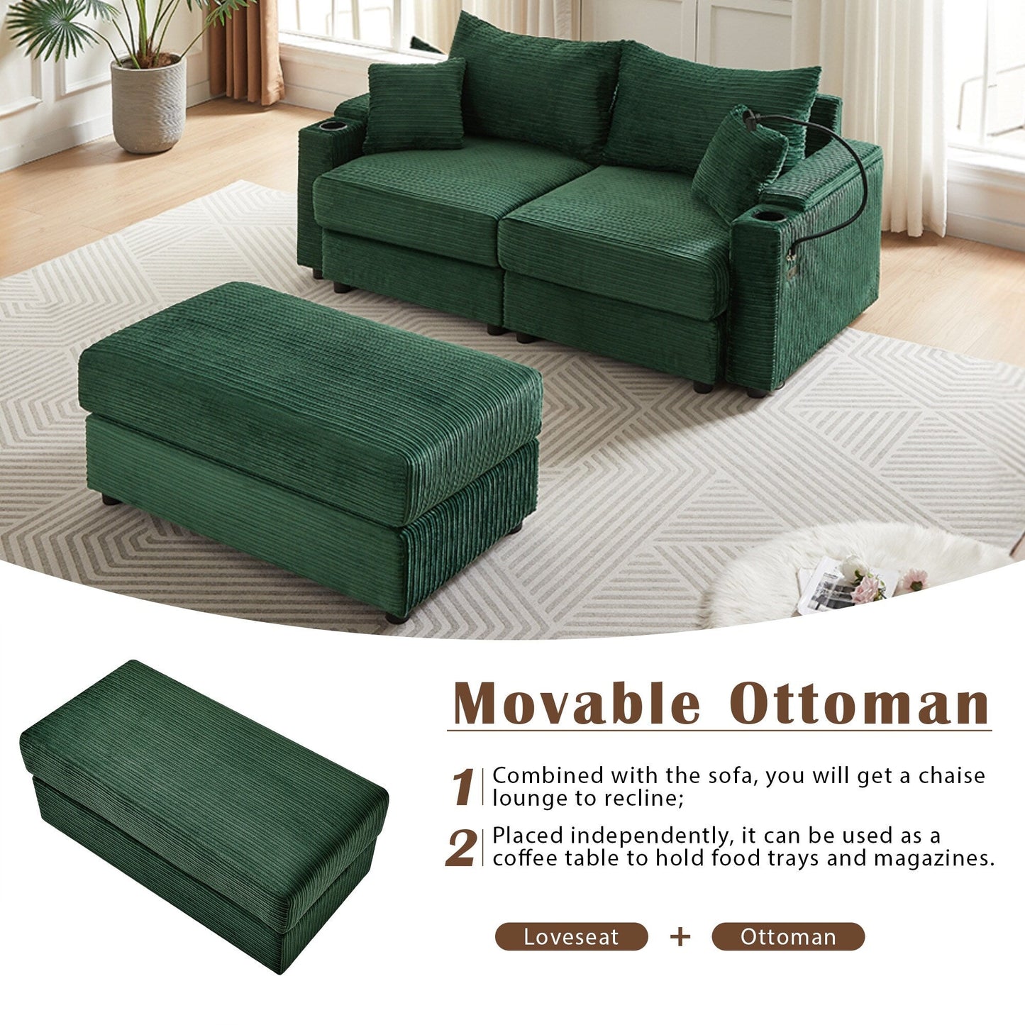 Green Modern 72.8 Corduroy Loveseat Sofa with Movable Ottoman, Storage Armrests, Phone Holder, and Two USB Ports