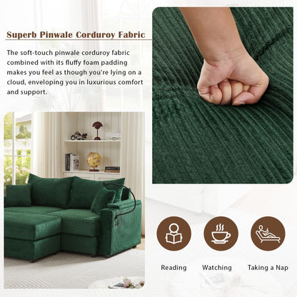 Green Modern 72.8 Corduroy Loveseat Sofa with Movable Ottoman, Storage Armrests, Phone Holder, and Two USB Ports