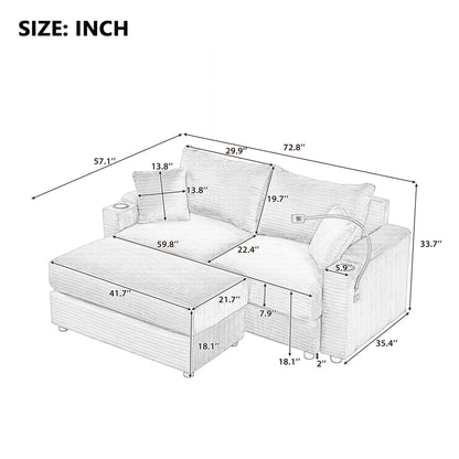 Green Modern 72.8 Corduroy Loveseat Sofa with Movable Ottoman, Storage Armrests, Phone Holder, and Two USB Ports