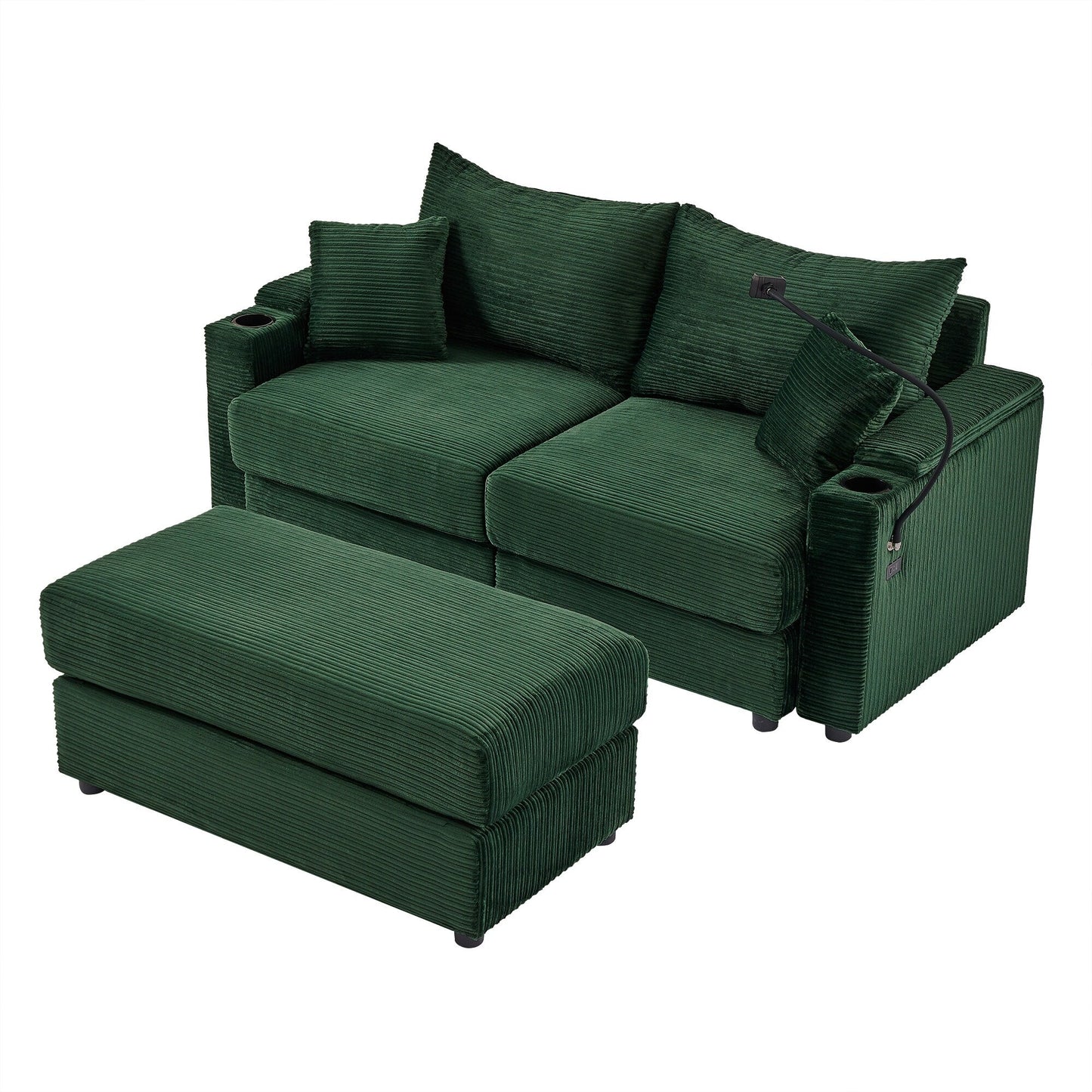 Green Modern 72.8 Corduroy Loveseat Sofa with Movable Ottoman, Storage Armrests, Phone Holder, and Two USB Ports