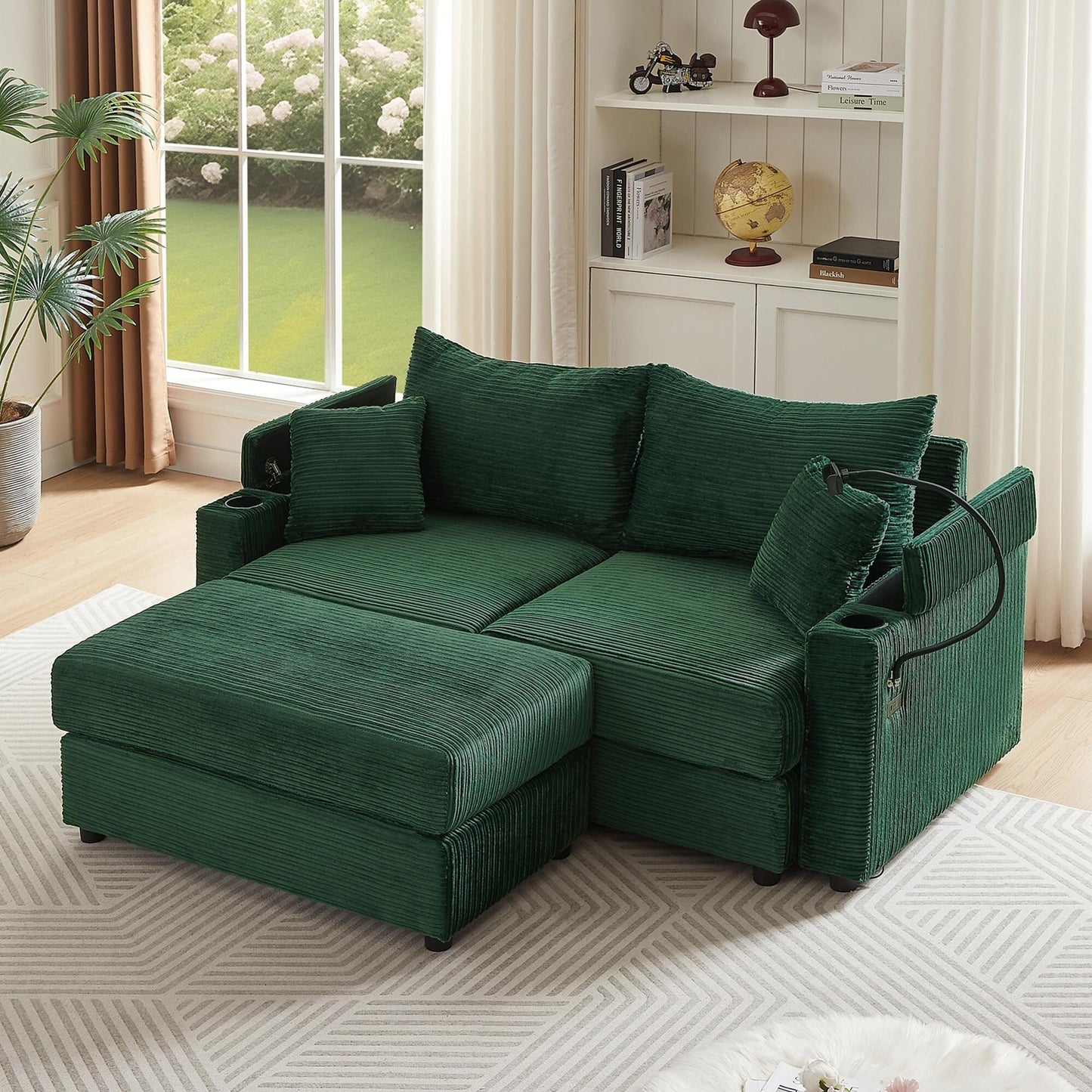 Green Modern 72.8 Corduroy Loveseat Sofa with Movable Ottoman, Storage Armrests, Phone Holder, and Two USB Ports