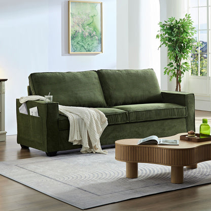 Green Modern 87.4 Corduroy 3-seater Deep Seat Sofa with Cup Holder and Storage Bags for Living Room