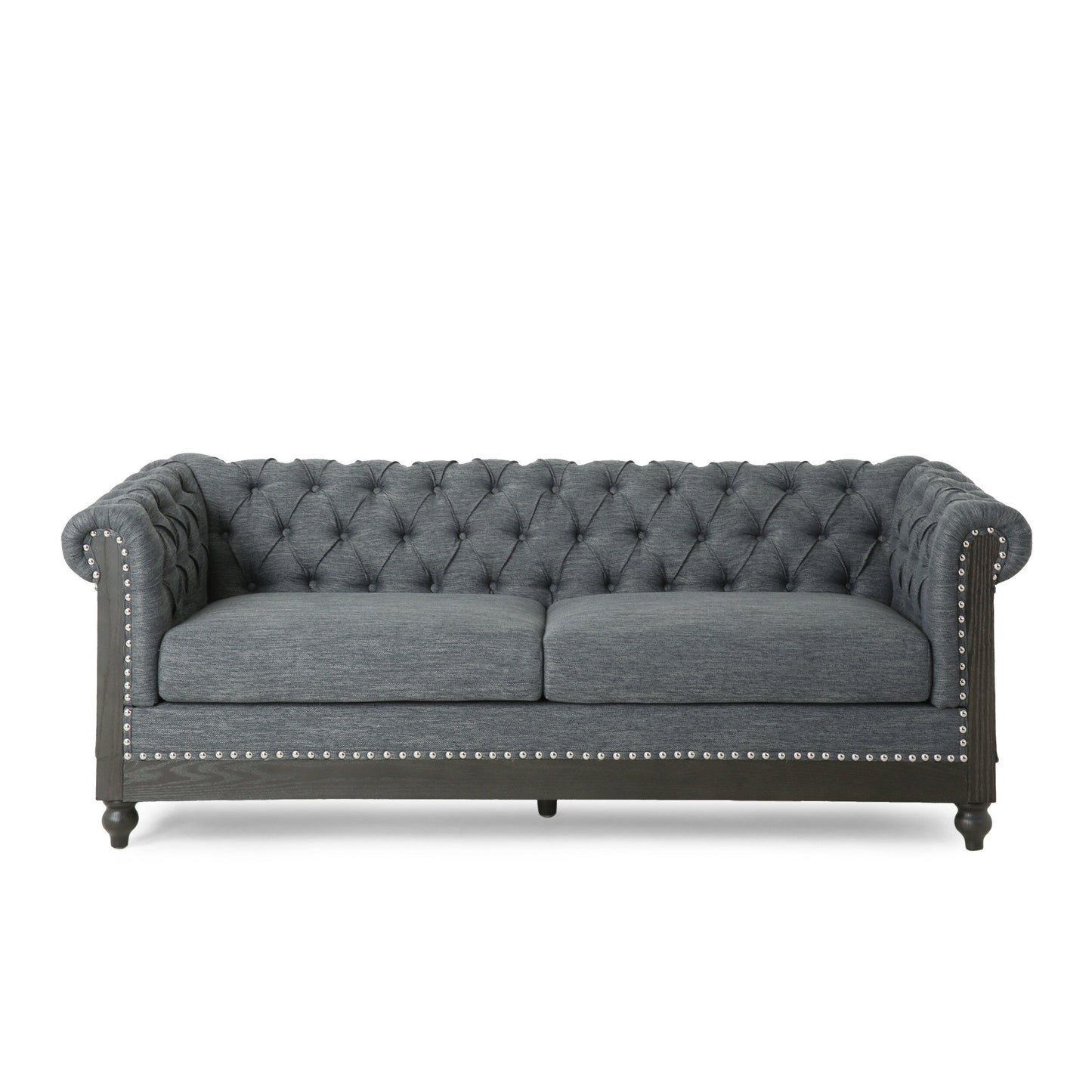 Grey 78.75'' Fabric 3-Seater Sofa with Wooden Legs, Rivet Detailing, and Adjustable Backrest