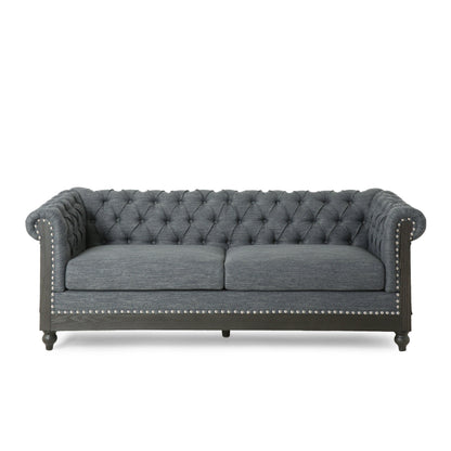 Grey 78.75'' Fabric 3-Seater Sofa with Wooden Legs, Rivet Detailing, and Adjustable Backrest