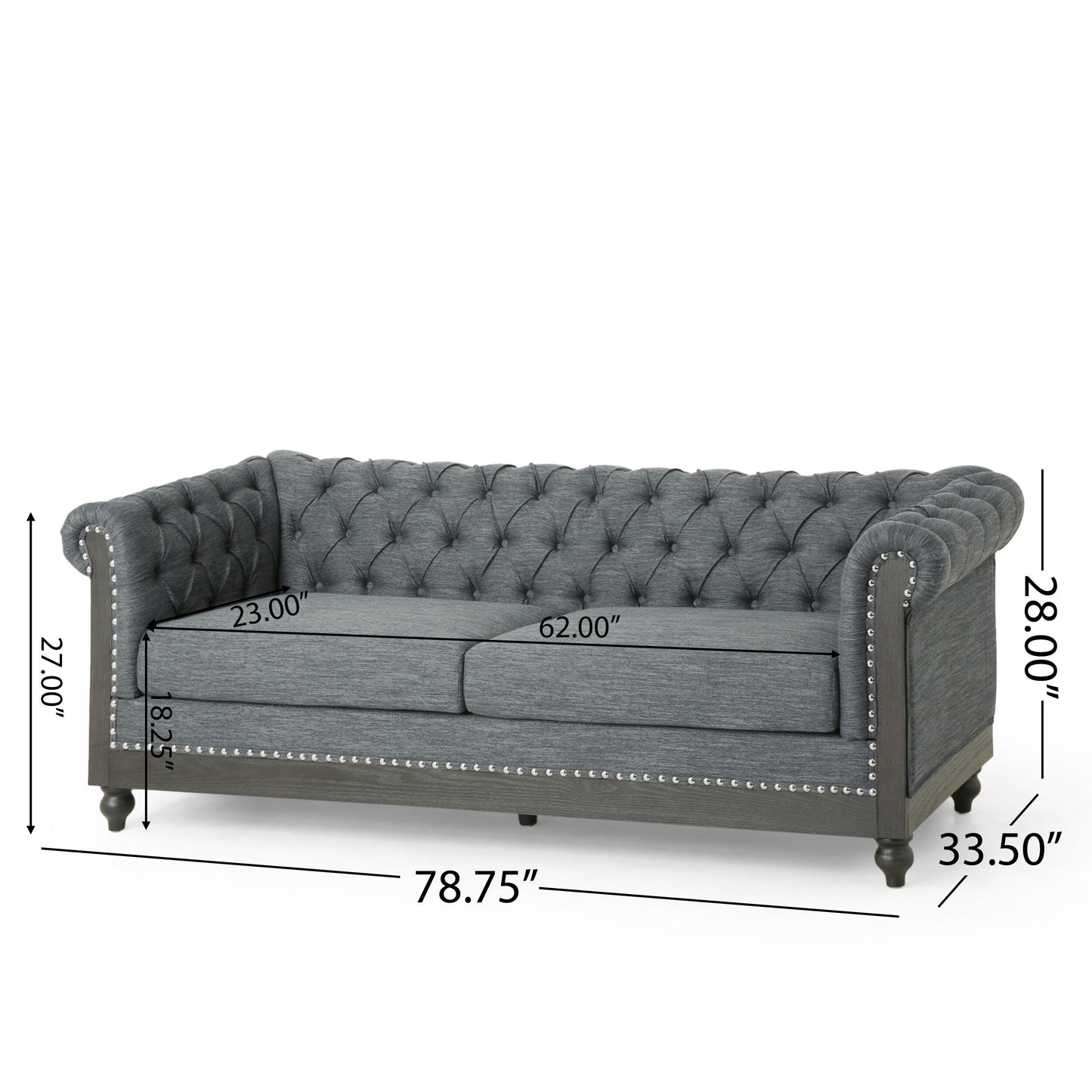 Grey 78.75'' Fabric 3-Seater Sofa with Wooden Legs, Rivet Detailing, and Adjustable Backrest