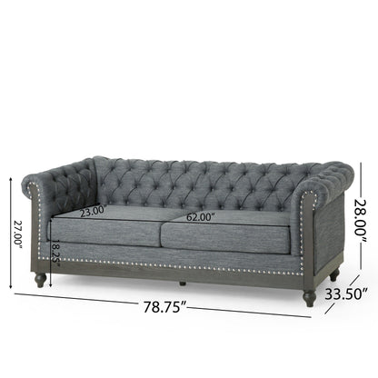 Grey 78.75'' Fabric 3-Seater Sofa with Wooden Legs, Rivet Detailing, and Adjustable Backrest