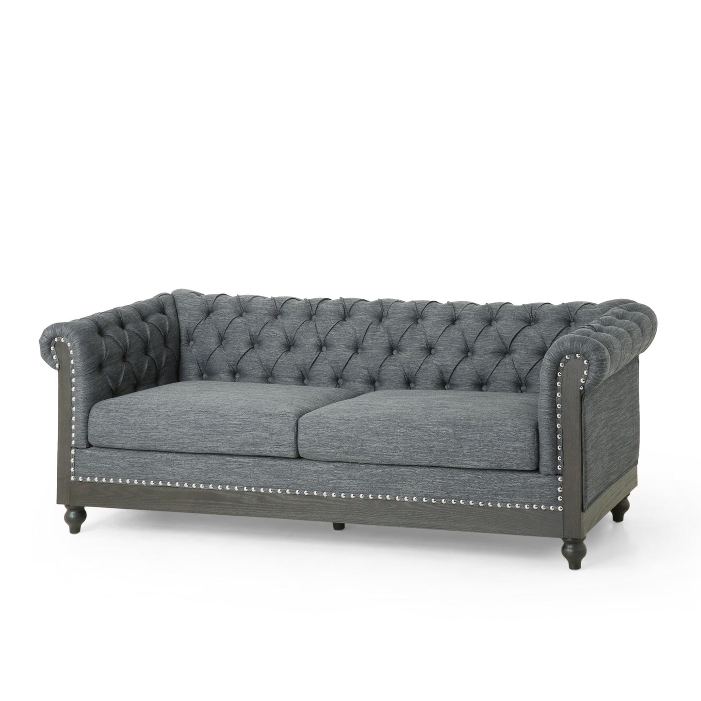 Grey 78.75'' Fabric 3-Seater Sofa with Wooden Legs, Rivet Detailing, and Adjustable Backrest