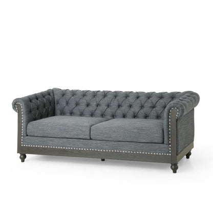 Grey 78.75'' Fabric 3-Seater Sofa with Wooden Legs, Rivet Detailing, and Adjustable Backrest