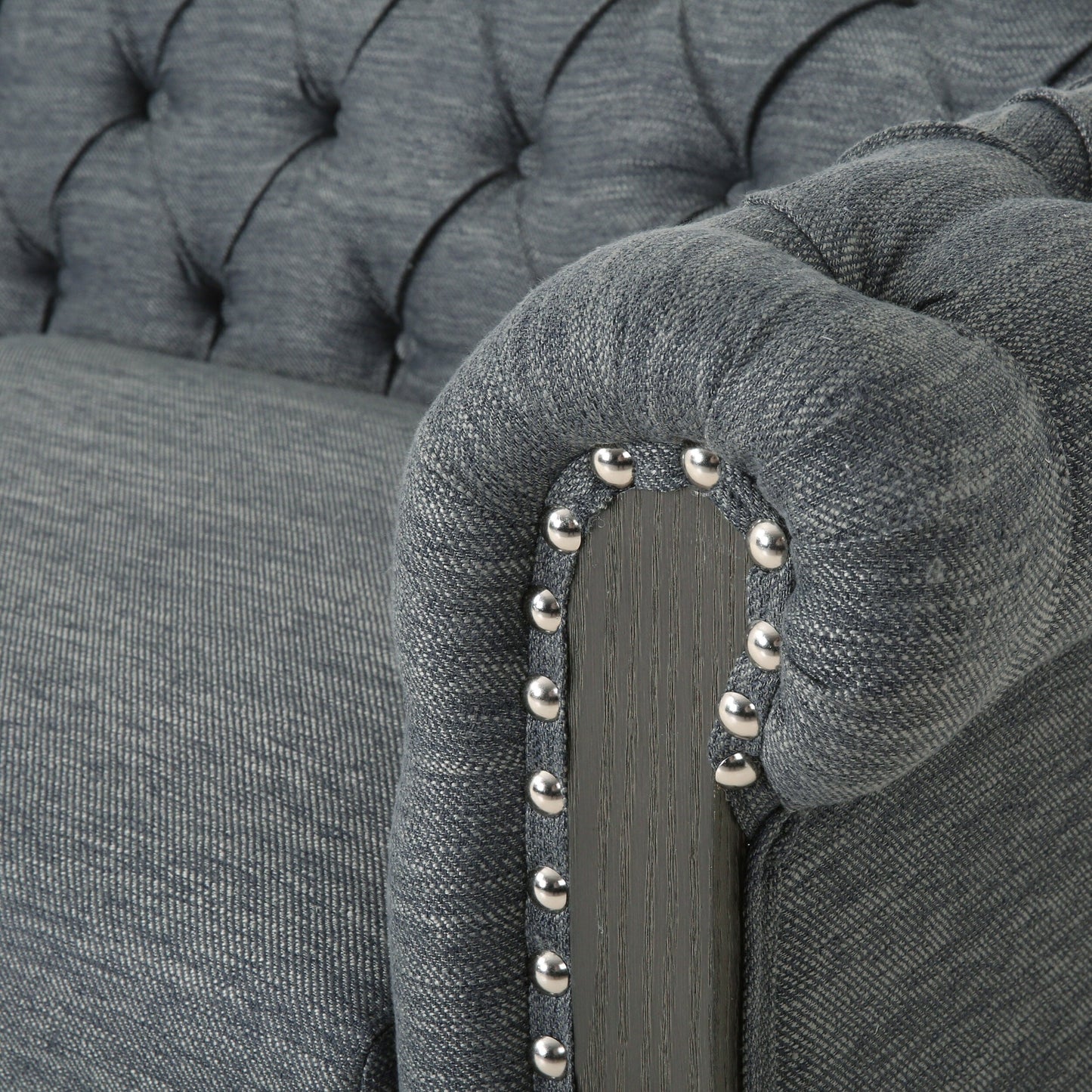 Grey 78.75'' Fabric 3-Seater Sofa with Wooden Legs, Rivet Detailing, and Adjustable Backrest