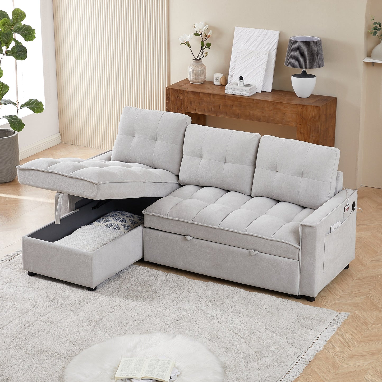 Grey 78.75'' L-Shaped Sleeper Sofa with Pull-Out Bed and Charging Ports