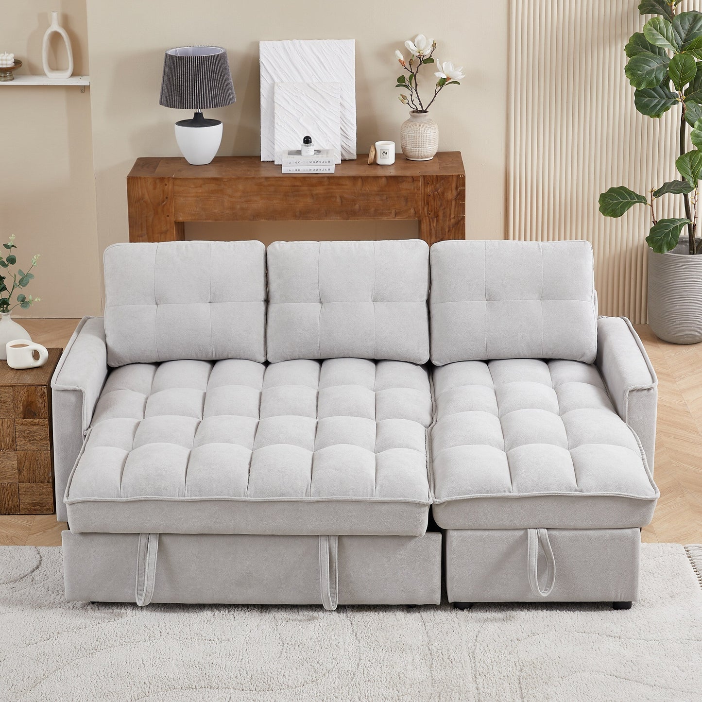 Grey 78.75'' L-Shaped Sleeper Sofa with Pull-Out Bed and Charging Ports
