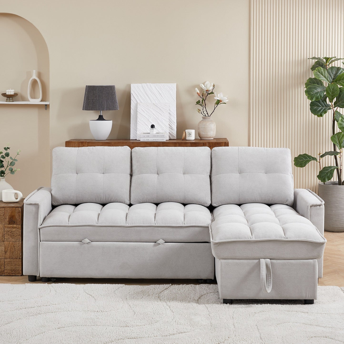 Grey 78.75'' L-Shaped Sleeper Sofa with Pull-Out Bed and Charging Ports