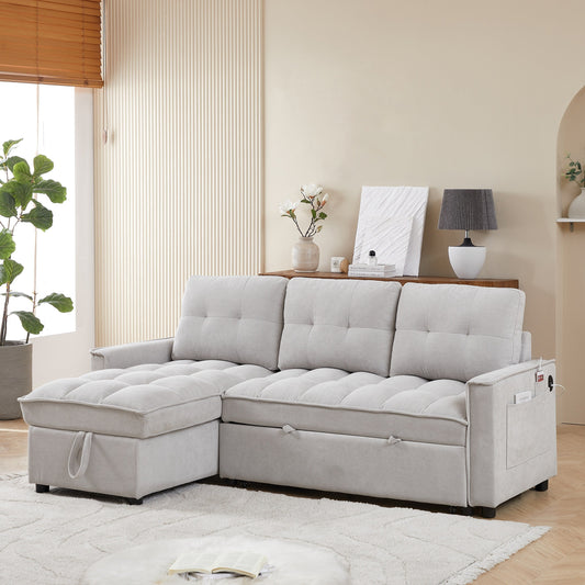 Grey 78.75'' L-Shaped Sleeper Sofa with Pull-Out Bed and Charging Ports