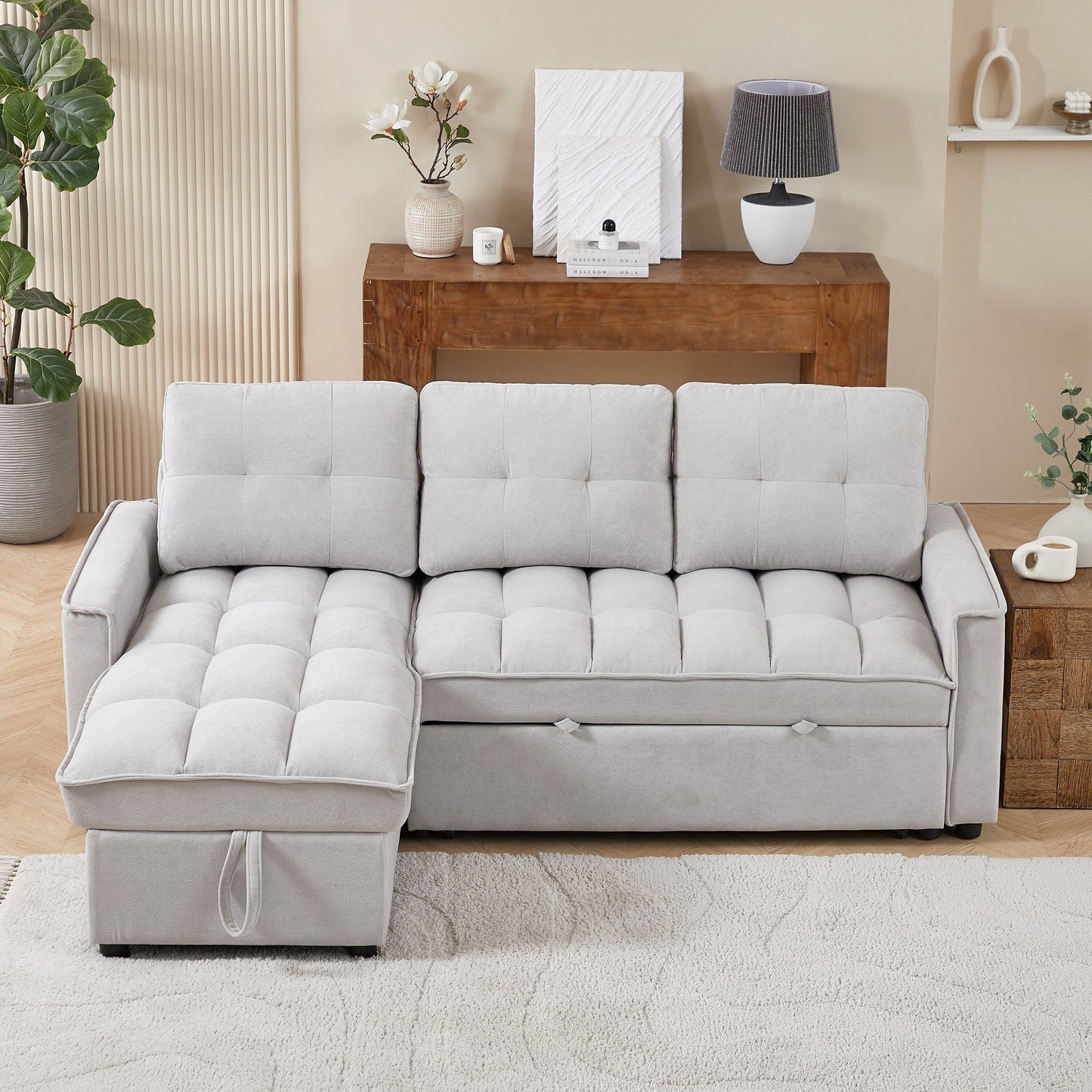 Grey 78.75'' L-Shaped Sleeper Sofa with Pull-Out Bed and Charging Ports