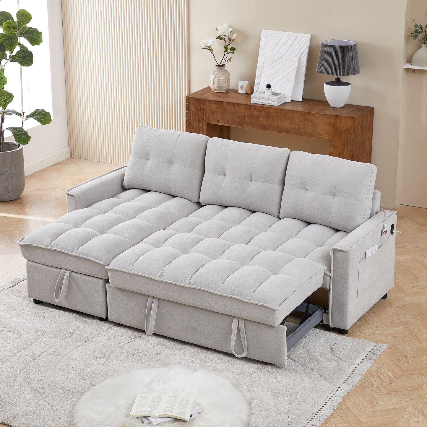 Grey 78.75'' L-Shaped Sleeper Sofa with Pull-Out Bed and Charging Ports