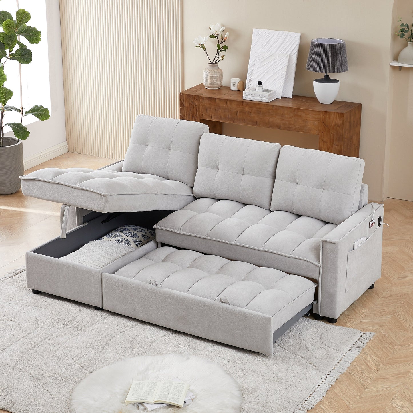 Grey 78.75'' L-Shaped Sofa Bed with USB Ports and Pull-Out Bed