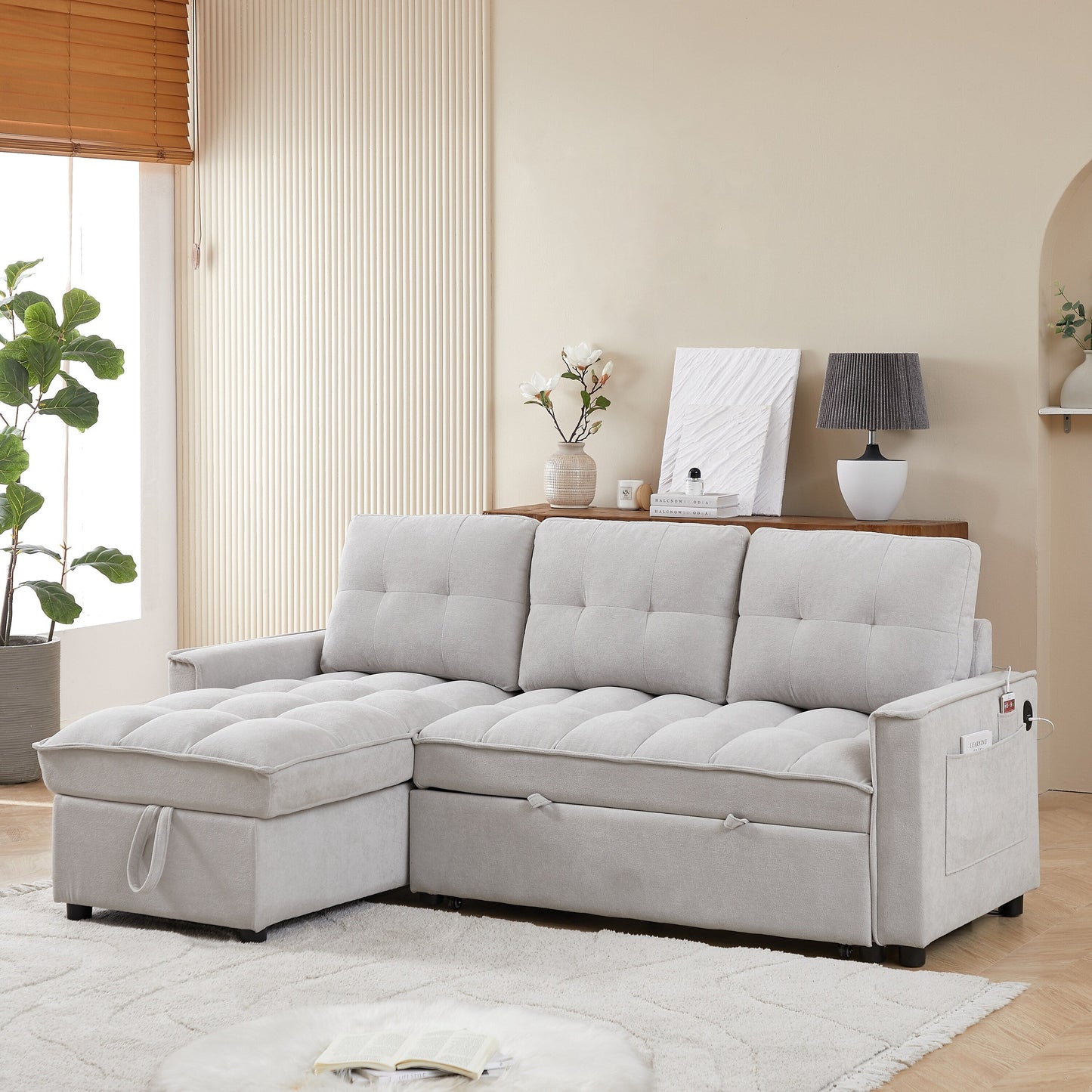 Grey 78.75'' L-Shaped Sofa Bed with USB Ports and Pull-Out Bed