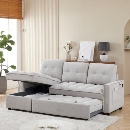 Grey 78.75'' L-Shaped Sofa Bed with USB Ports and Pull-Out Bed