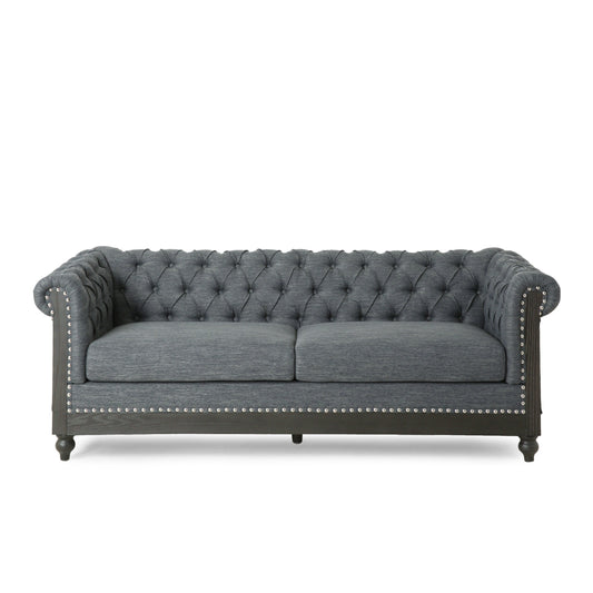 Grey 78.75'' PU Leather 3 Seat Sofa Couch with Wooden Legs, Stylish Rivet Detailing, and Pull-Tab Backrest