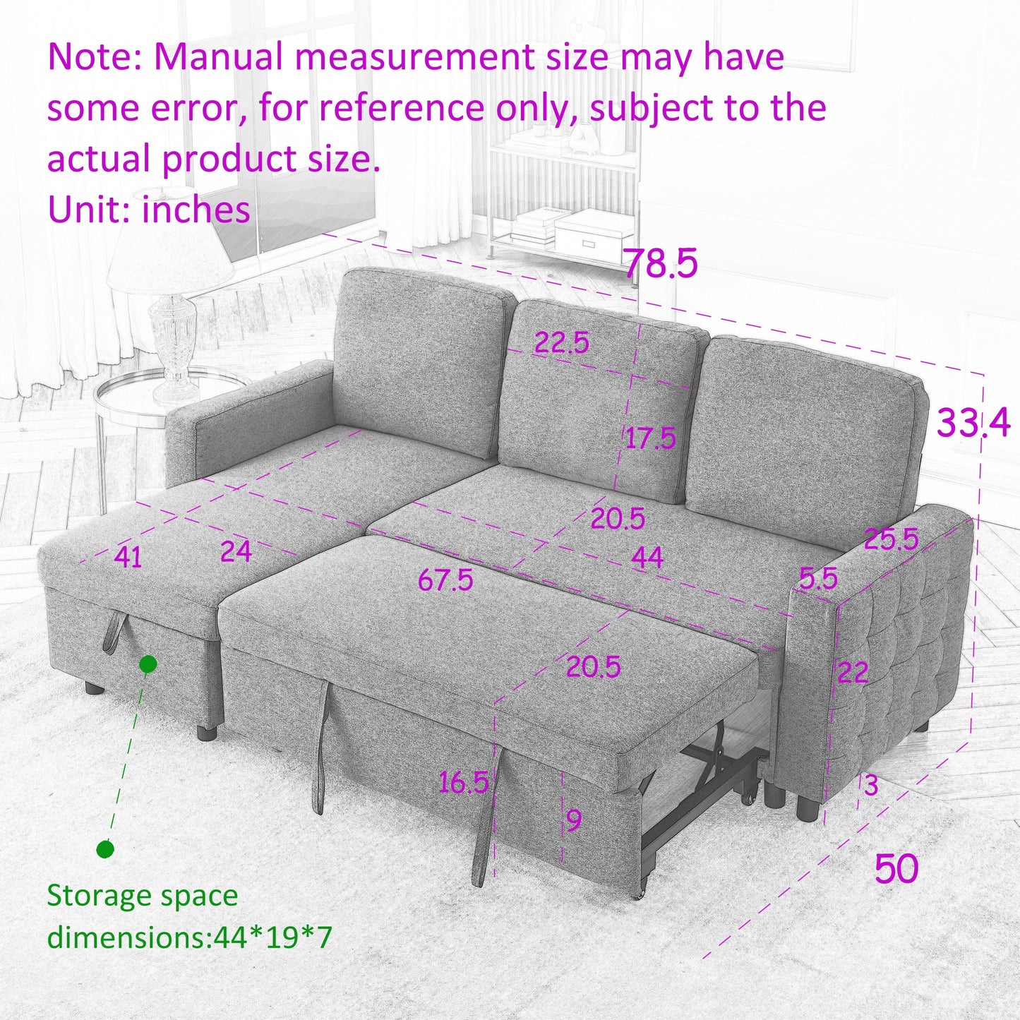 Grey 78.8'' L-Shaped Linen Sectional Sofa with Pull-Out Feature, Convertible Design, and Storage Chaise