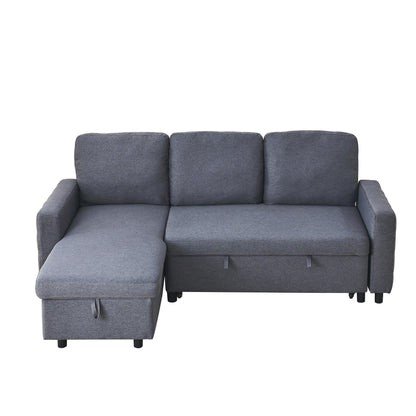 Grey 78.8'' L-Shaped Linen Sectional Sofa with Pull-Out Feature, Convertible Design, and Storage Chaise