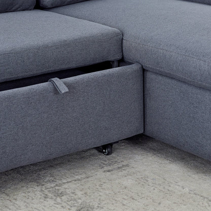 Grey 78.8'' L-Shaped Linen Sectional Sofa with Pull-Out Feature, Convertible Design, and Storage Chaise