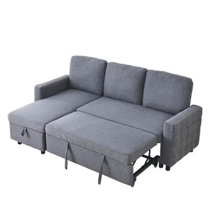 Grey 78.8'' L-Shaped Linen Sectional Sofa with Pull-Out Feature, Convertible Design, and Storage Chaise
