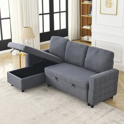 Grey 78.8'' L-Shaped Linen Sectional Sofa with Pull-Out Feature, Convertible Design, and Storage Chaise