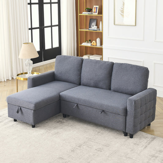 Grey 78.8'' L-Shaped Linen Sectional Sofa with Pull-Out Feature, Convertible Design, and Storage Chaise