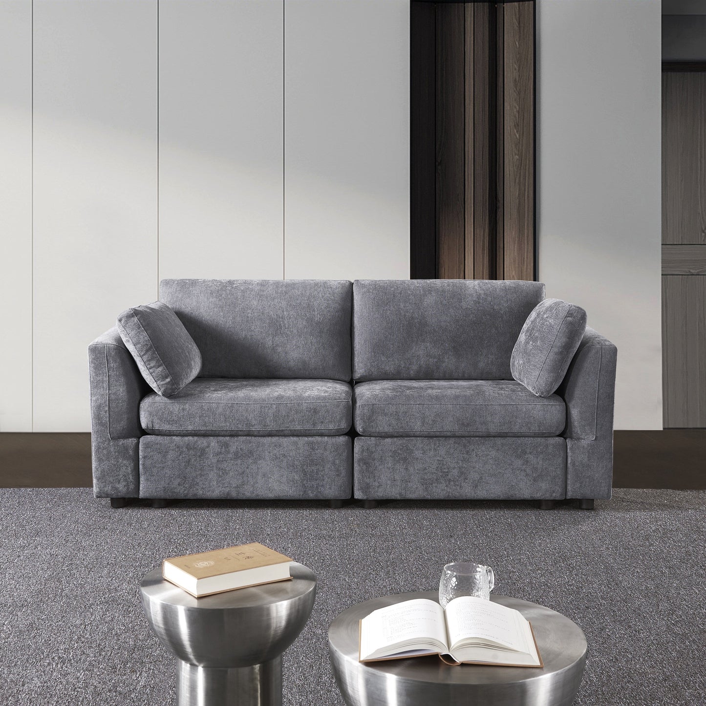 Grey 80.31 Chenille Loveseat Modular Sofa with Solid Wood Frame for Living Room