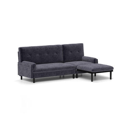 Grey 80.7 Multi-Functional Adjustable Corduroy 3-seater Sofa, Convertible L-Shaped Sofa and Guest Bed