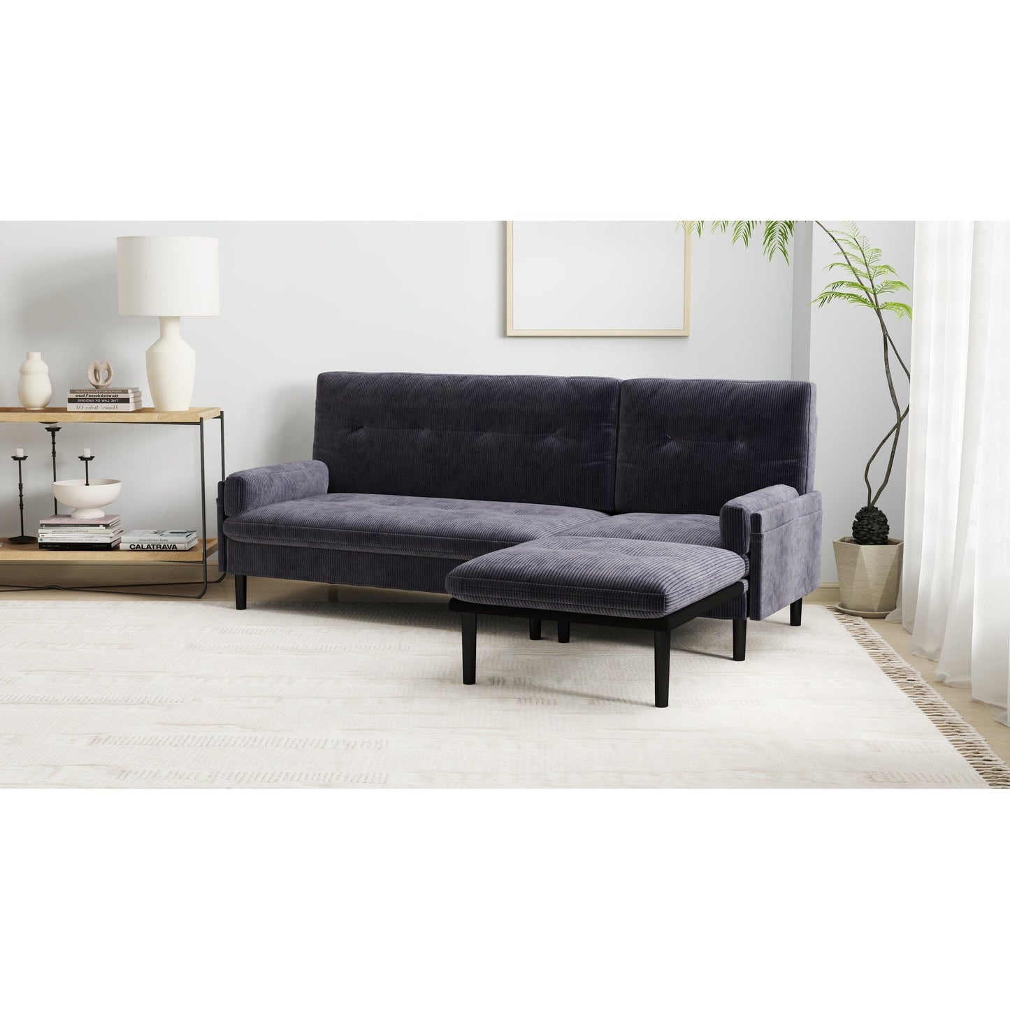 Grey 80.7 Multi-Functional Adjustable Corduroy 3-seater Sofa, Convertible L-Shaped Sofa and Guest Bed