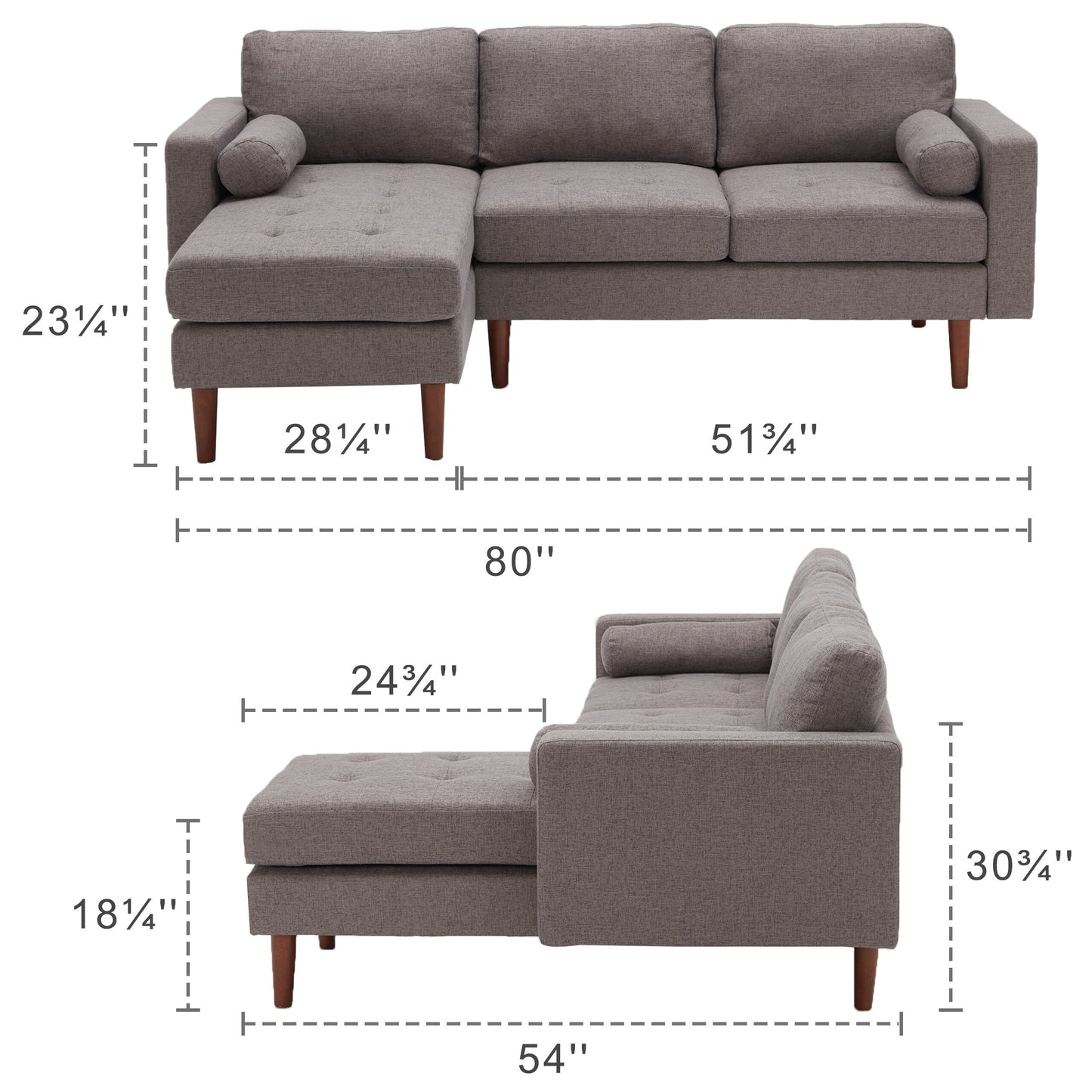 Grey 80 Fabric L-Shaped 3 Seater Sectional Sofa Couch, with Tufted Cushions, Reversible Chaise and Sturdy Wooden Frame
