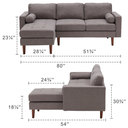 Grey 80 Fabric L-Shaped 3 Seater Sectional Sofa Couch, with Tufted Cushions, Reversible Chaise and Sturdy Wooden Frame