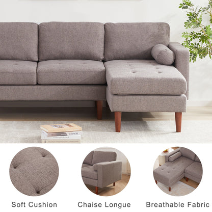 Grey 80'' Fabric L-Shaped Sectional Sofa with Tufted Cushions, Reversible Chaise, and Sturdy Wooden Frame