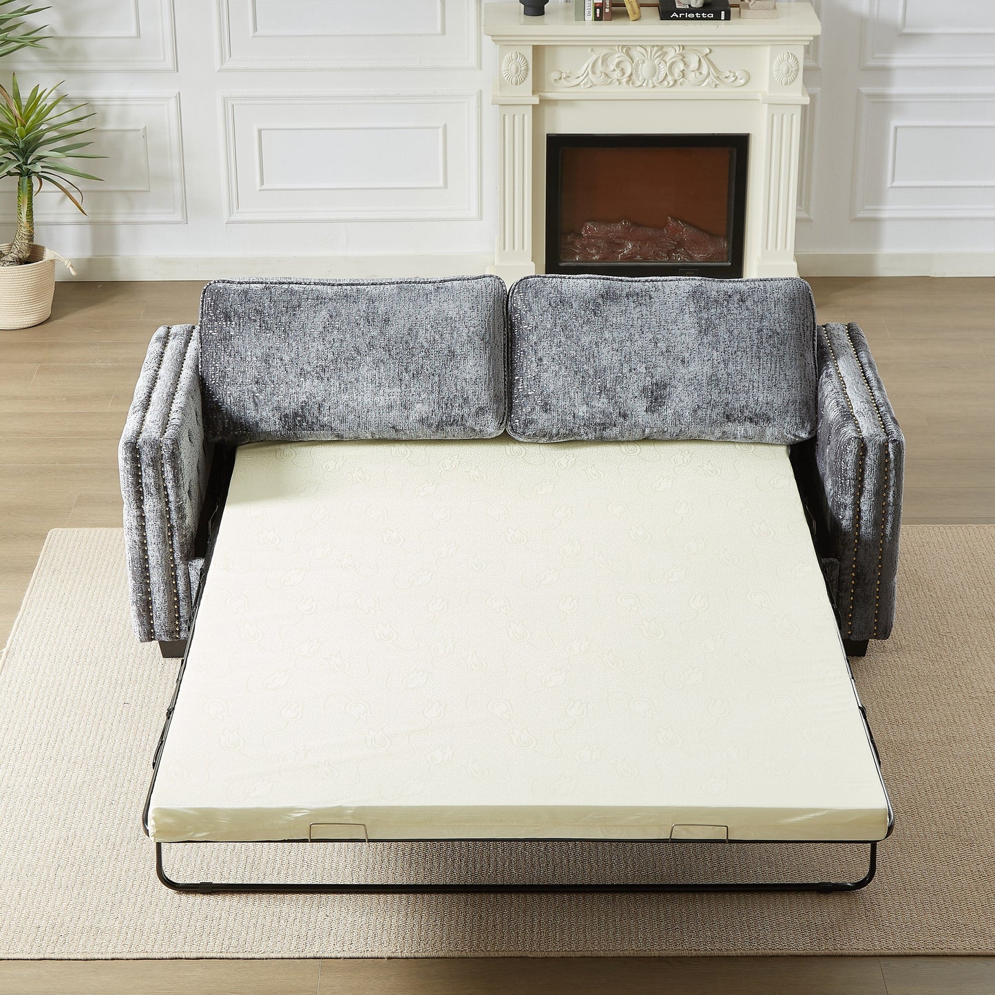 Grey 81 Chenille Nailheads 3-seater Sleeper Sofa with Memory Foam Mattress for Living Room