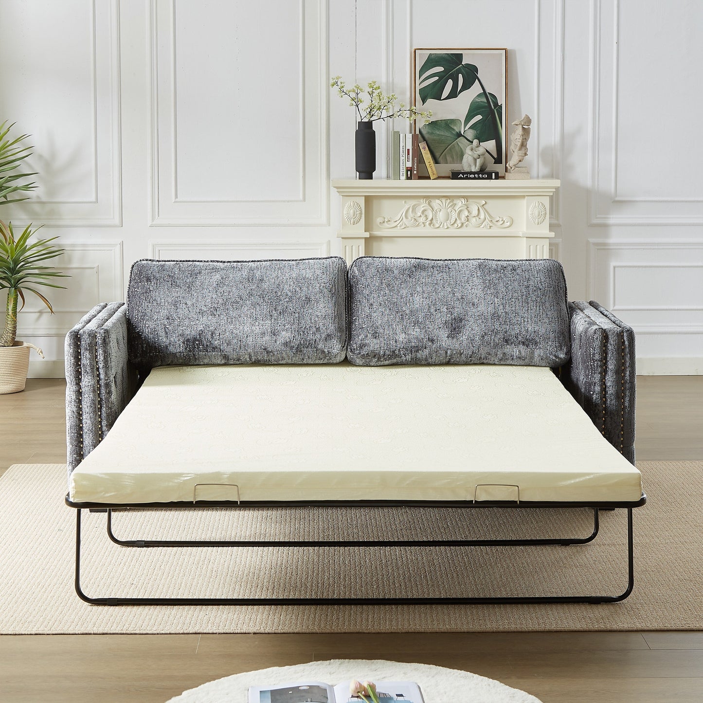 Grey 81 Chenille Nailheads 3-seater Sleeper Sofa with Memory Foam Mattress for Living Room