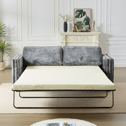 Grey 81 Chenille Nailheads 3-seater Sleeper Sofa with Memory Foam Mattress for Living Room