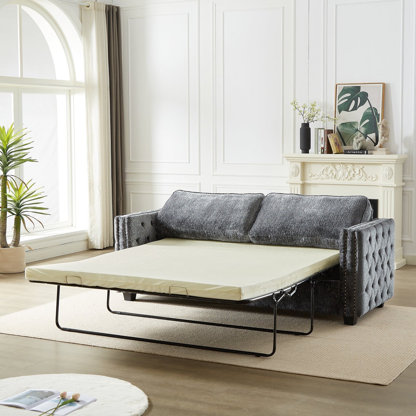 Grey 81 Chenille Nailheads 3-seater Sleeper Sofa with Memory Foam Mattress for Living Room