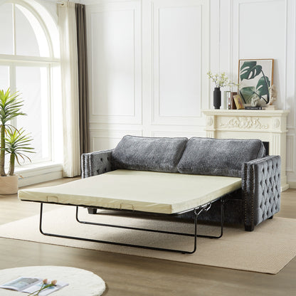 Grey 81 Chenille Nailheads 3-seater Sleeper Sofa with Memory Foam Mattress for Living Room