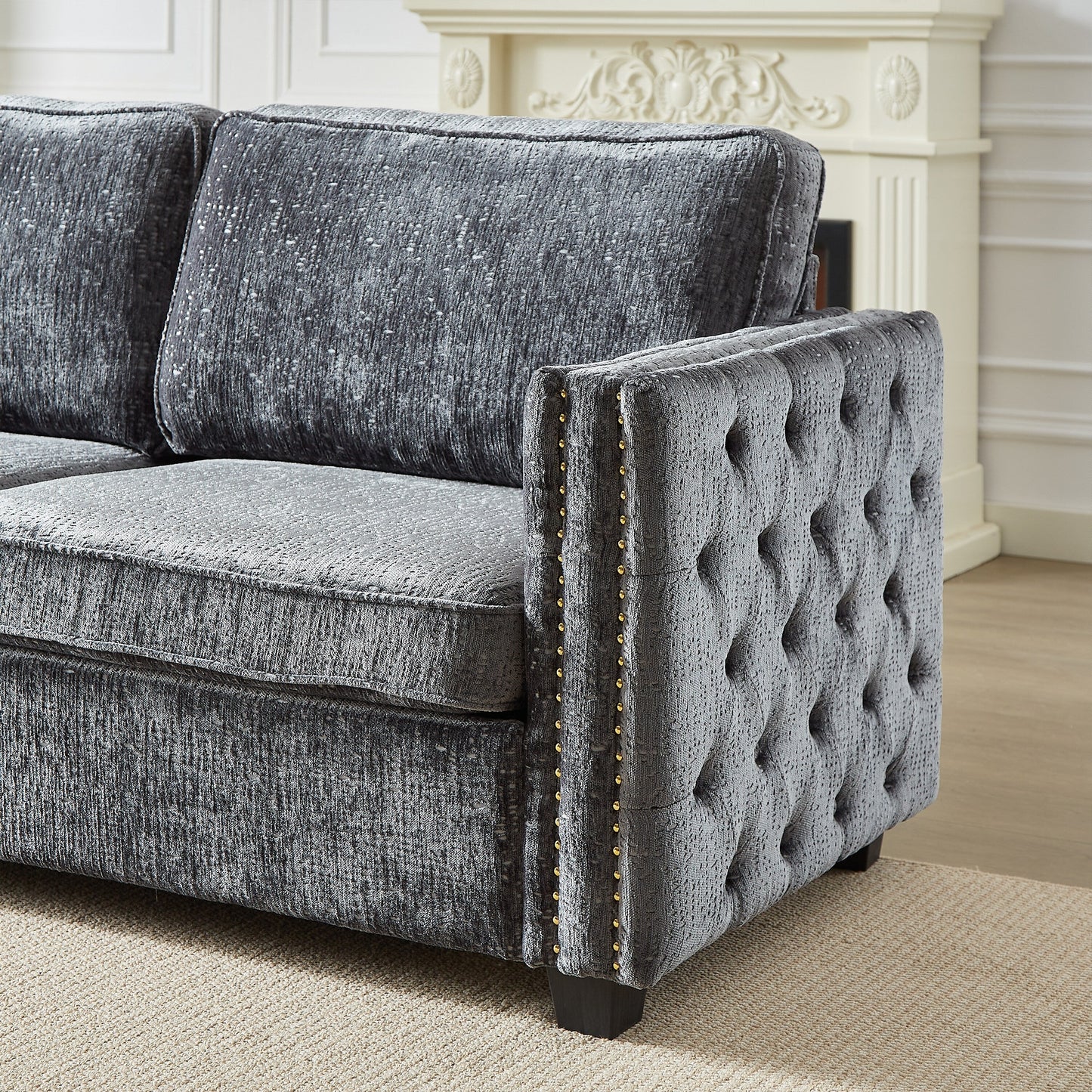 Grey 81 Chenille Nailheads 3-seater Sleeper Sofa with Memory Foam Mattress for Living Room